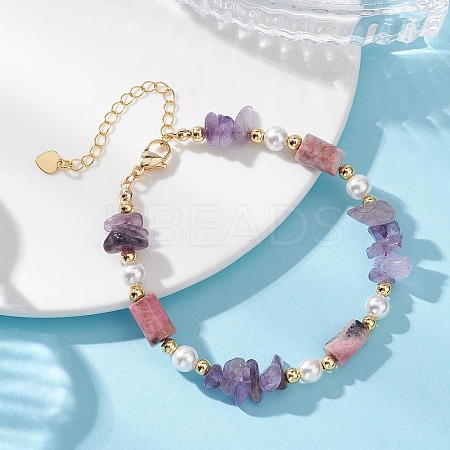Natural Amethyst Chip & Rhodonite Column & Shell Pearl Beaded Bracelets for Women BJEW-JB12910-1