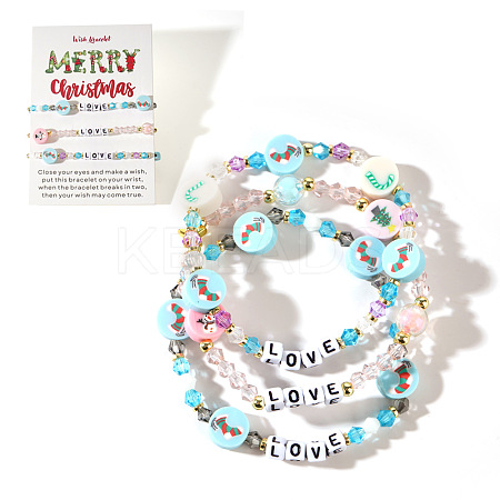 3Pcs Christmas Theme Handmade Polymer Clay & Glass Bicone Beads Stretch Bracelet Sets QY3550-8-1