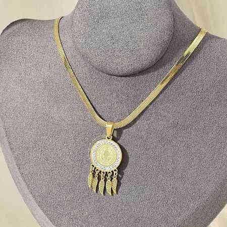 201 Stainless Steel Clear Cubic Zirconia Flat Round Saint Benedict Medal with Feather Pendant Necklaces NJEW-H055-03G-1