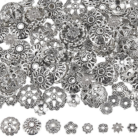160Pcs 8 Style Tibetan Style Alloy Flower Bead Caps FIND-SC0008-74-1