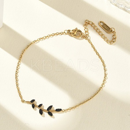 304 Stainless Steel Rhinestone Leaf Link Bracelets SA-CBA5F76-03G-02-1