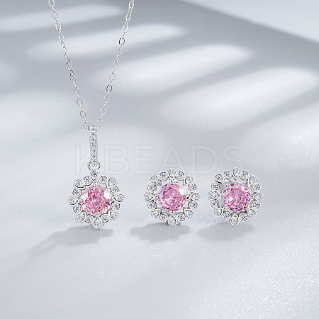 Flower 925 Sterling Silver with Cubic Zirconia Pendant Necklace & Stud Earring FS-WG92113-11-1