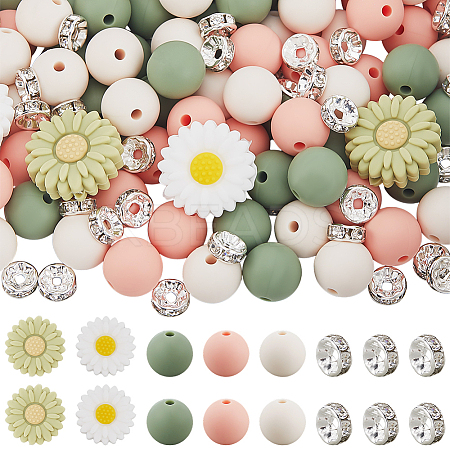 144Pcs 6 Styles Daisy & Round & Rondelle Food Grade Eco-Friendly Silicone Beads SIL-PA0001-15-1