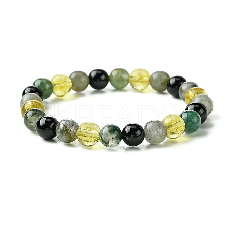 Natural Labradorite & Citrine & Black Onyx(Dyed & Heated) & Moss Agate Round Beaded Stretch Bracelets BJEW-JB10910-06-1