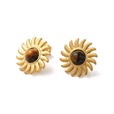 Natural Tiger Eye Sun Stud Earrings LS-EJEW-D075-01C-G-1