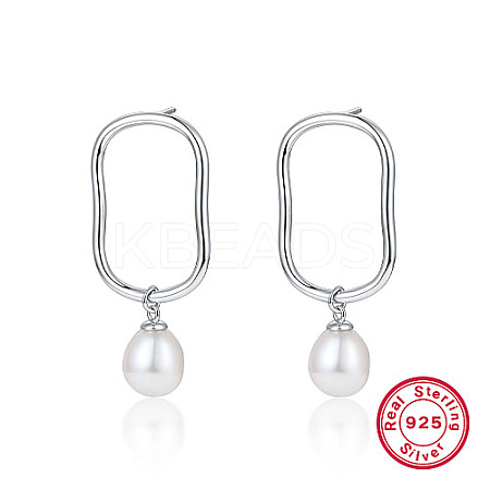 Anti-Tarnish Rhodium Plated 925 Sterling Silver Oval Dangle Stud Earrings KR9373-1-1