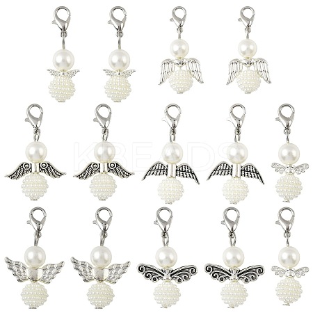 14Pcs 7 Styles ABS Plastic Imitation Pearl & Alloy Pendant Decorations HJEW-FS00042-02-1
