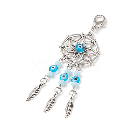 Woven Net/Web with Feather Tibetan Style Alloy Pendant Decorations HJEW-TAC0018-03-1