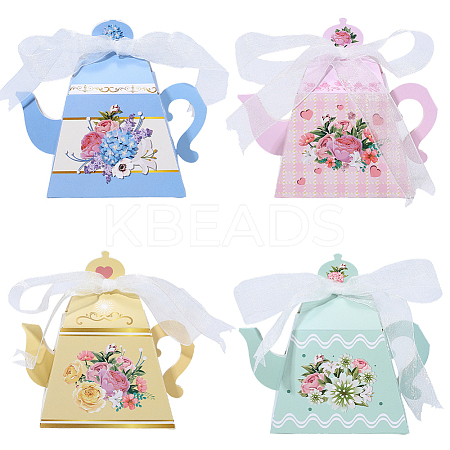 12Pcs 4 Styles Flower Printed 3D Teapot Shaped Paper Candy Gift Boxes with Ribbon DIY-SP0006-38-1