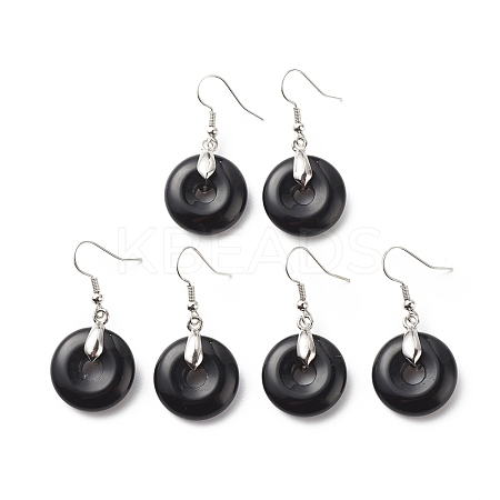 Natural Obsidian Donut Dangle Earrings EJEW-G300-01P-06-1