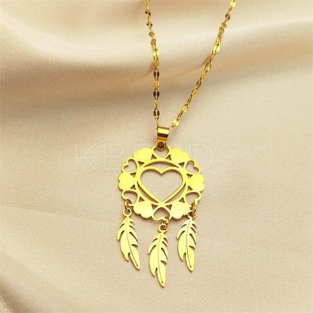 Woven Net/Web with Feather 201 Stainless Steel Boho Pendant Necklaces for Women NJEW-G087-01G-1