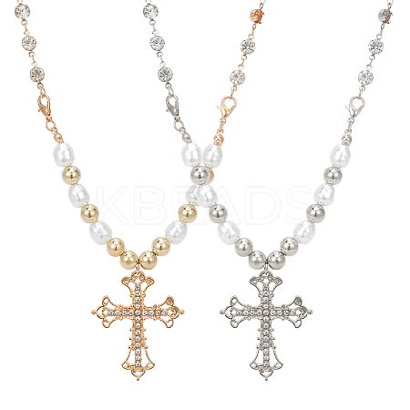 2Pcs 2 Colors Rhinestone Cross Fleury Pendant Necklace with Plastic Beaded Chains NJEW-AN0001-77-1