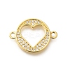 Rack Plating Brass Clear Cubic Zirconia Flat Round with Hollow Heart Connector Charms KK-L225-036G-1