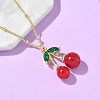 Brass Resin Fruit Cherry Pendant Satellite Chain Necklaces with Green Cubic Zirconia Leaf for Women NJEW-D306-03G-5