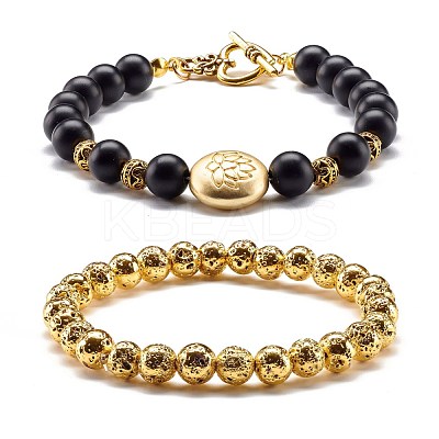 Natural Lava Rock & Synthetic Black Stone Round Beads Energy Stretch Bracelets Set BJEW-JB06969-1