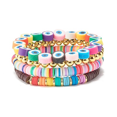 4Pcs 4 Style Polymer Clay Heishi Surfer Stretch Bracelets Set BJEW-SZ0002-25-1