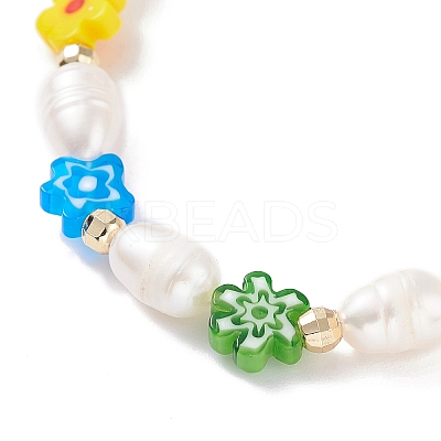Natural Pearl & Millefiori Glass Beaded Stretch Bracelet with Heart and Coin Charm for Women BJEW-TA00060-1