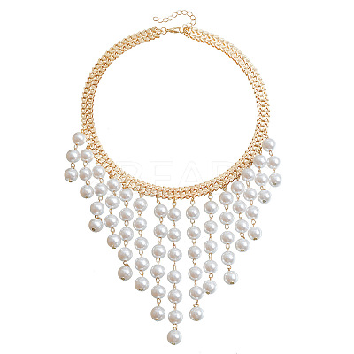 Alloy Imitation Pearl Round Tassel Bib Necklaces for Women WGDE514-01-1