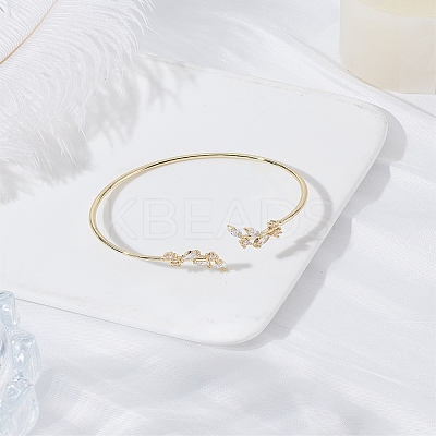 1Pc Elegant Brass Cubic Zirconia Leaf Cuff Bangles for Women BJEW-LP0003-33G-03-1