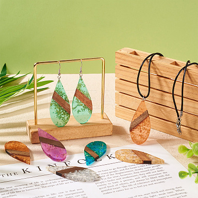 12Pcs 6 Colors Transparent Resin & Walnut Wood Big Pendants WOOD-TA0002-48-1