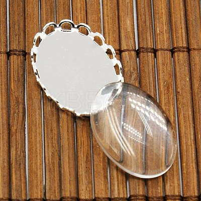 Brass Cabochon Settings and Oval Transparent Clear Glass Cabochons for DIY Jewelry Making KK-MSMC015-14S-RS-1