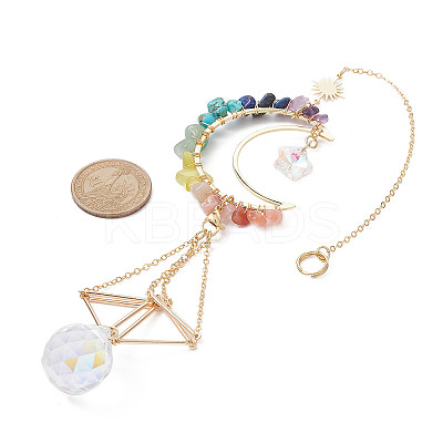 Wire Wrapped Gemstone Chip & Brass Moon Pendant Decoration HJEW-TA00089-1