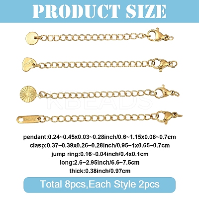 8Pcs 4 Styles 304 Stainless Steel Curb Chain Extender STAS-YW0003-35G-1