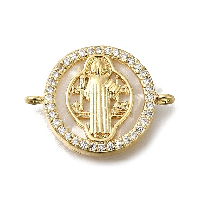 Brass Micro Pave Clear Cubic Zirconia Flat Round Saint Benedict Connector Charms KK-R002-29G-1