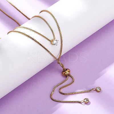 304 Stainless Steel Crystal Rhinestone Flat Round Box Chain Double Layer Slider Lariat Necklaces NJEW-K291-01G-1