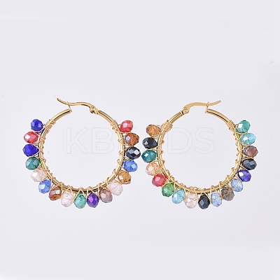 Electroplate Glass Faceted Rondelle Hoop Earrings X-EJEW-JE04021-03-1