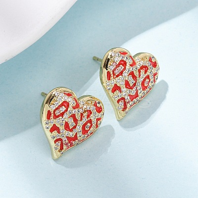 Heart Brass Micro Pave Clear Cubic Zirconia Stud Earrings EJEW-H178-09G-01-1