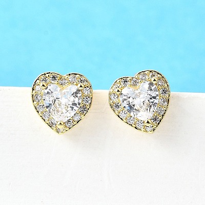 Clear Cubic Zirconia Heart Stud Earrings EJEW-K093-21G-1