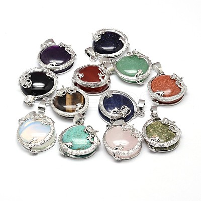 Flat Round with Dragon Platinum Plated Brass Natural & Synthetic Mixed Stone Pendants G-F228-24-RS-1