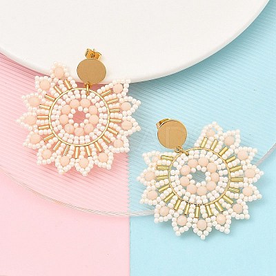 304 Stainless Steel & Bohemian Beaded Flower Dangle Stud Earrings for Women EJEW-R001-04B-1