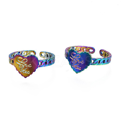 Ion Plating(IP) Rainbow Color 304 Stainless Steel Heart with Word Love You Open Cuff Ring for Women RJEW-S405-261M-1