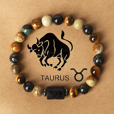 12 Constellations Natural Tiger Eye & Picture Jasper Round Beaded Stretch Bracelets for Men Women WG21EC3-03-1