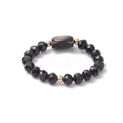 Natural Rainbow Moonstone and Natural Black Tourmaline Beaded Rings RJEW-TA00196-1