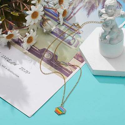 Rainbow Color Japanese Seed Braided Hexagon Pendant Necklace with 304 Stainless Steel Chains for Women NJEW-MZ00006-1