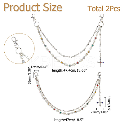 2Pcs 2 Styles Acrylic Colorful Rhinestone & Round Plastic Pearl Link Chain Double Layer Alloy Cross Charm Jean Chains AJEW-HS0001-26P-1