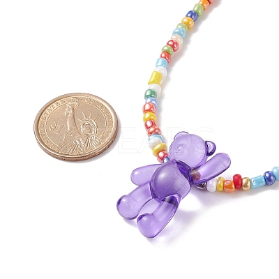 Acrylic Bear & Glass Seed Beaded Necklace for Women NJEW-JN03930-1