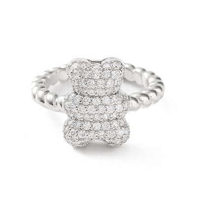Bear Rack Plating Brass Micro Pave Clear Cubic Zirconia Open Rings RJEW-D020-03P-1