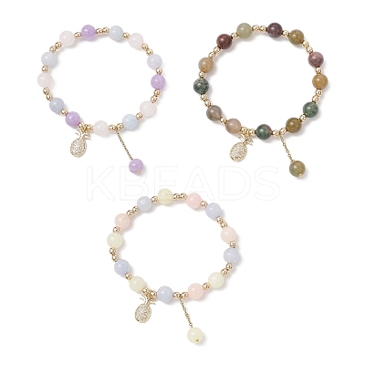 3Pcs Natural Aquamarine & Rose Quartz & Amethyst & Indian Agate & White Jade Imitation Morganite Round Beaded Bracelets BJEW-JB11933-1