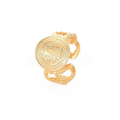 Ion Plating(IP) 304 Stainless Steel Flat Round with Jesus Wide Open Cuff Ring for Women RJEW-S405-184G-1