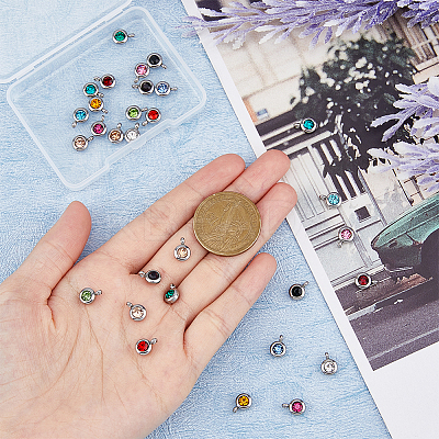 30Pcs 15 Colors Trendy Original Color 304 Stainless Steel Grade A Rhinestone Flat Round Charm Pendants RB-HY0001-04-1