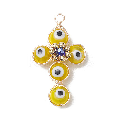 Brass Wire Wrapped Handmade Evil Eye Lampwork Pendants PALLOY-TA00036-02-1
