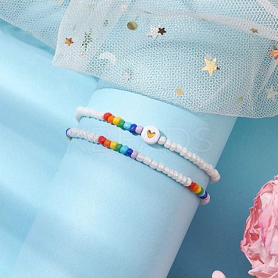 2Pcs 2 Styles Heart Glass Seed Beaded Stretch Bracelet Sets BJEW-JB10530-01-1