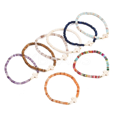 8Pcs Natural & Synthetic Gemstone Chip & Cross Stretch Bracelets BJEW-JB11390-1