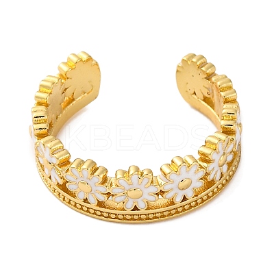 Rack Plating Flower Brass Enamel Open Cuff Rings for Women LS-RJEW-S242-09G-B-1
