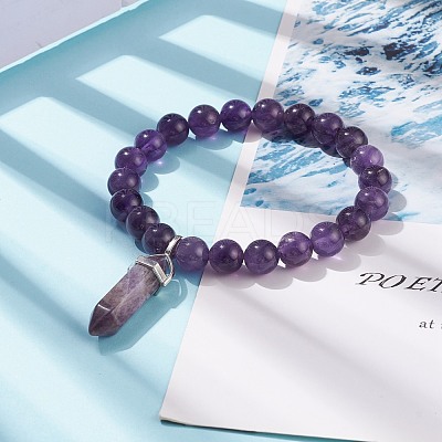 Natural Amethyst Round Beaded Stretch Bracelet with Bullet Shape Charm BJEW-JB08310-03-1