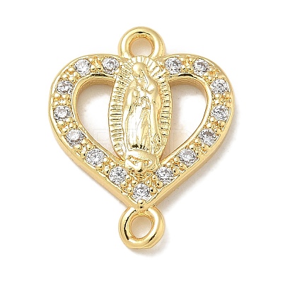 Rack Plating Brass Micro Pave Clear Cubic Zirconia Religion Heart Virgin Mary Connector Charms KK-L224-099G-03-1